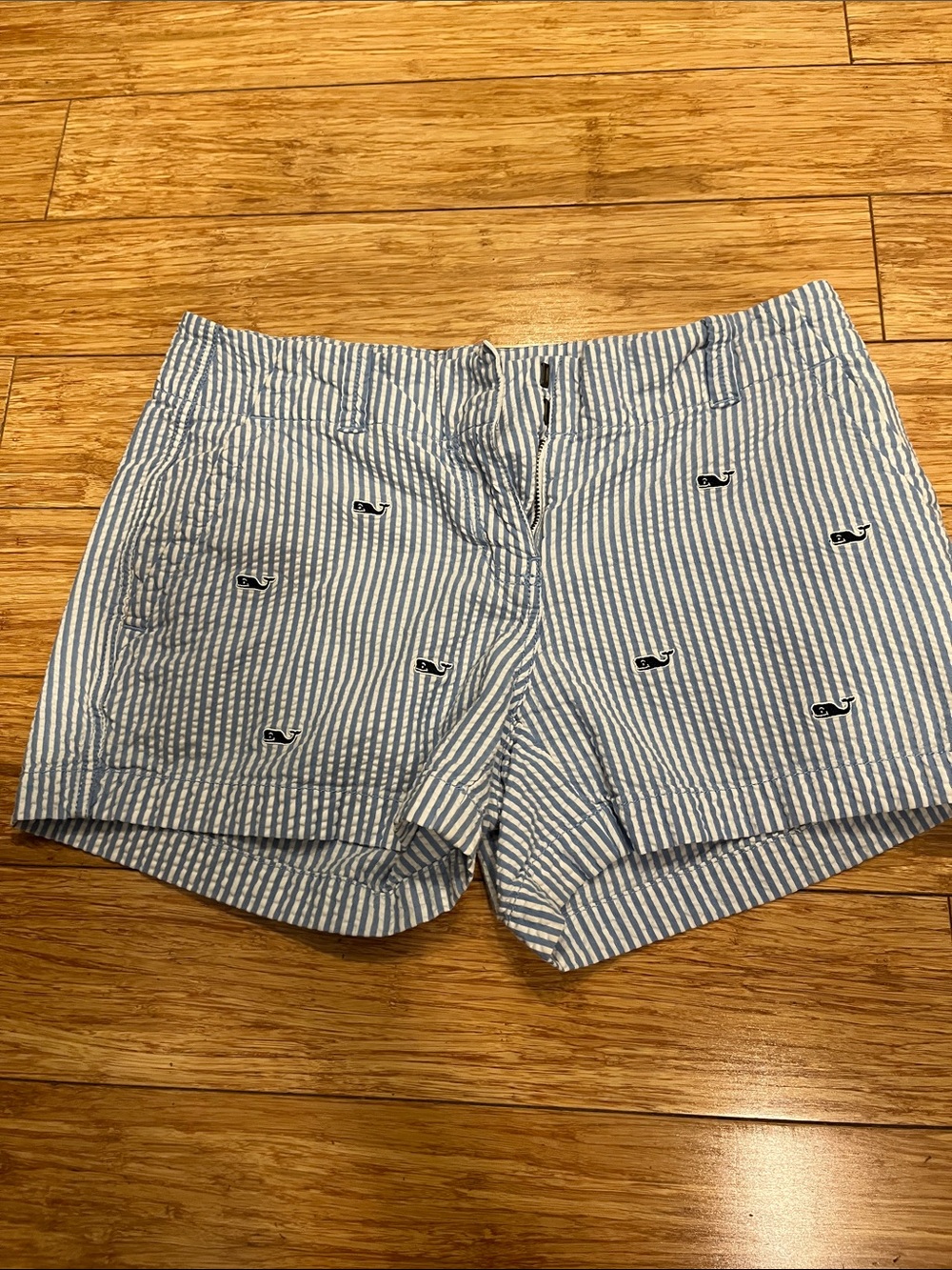 Vineyard Vines Blue and White Striped Seersucker Whale Embroidered Shorts